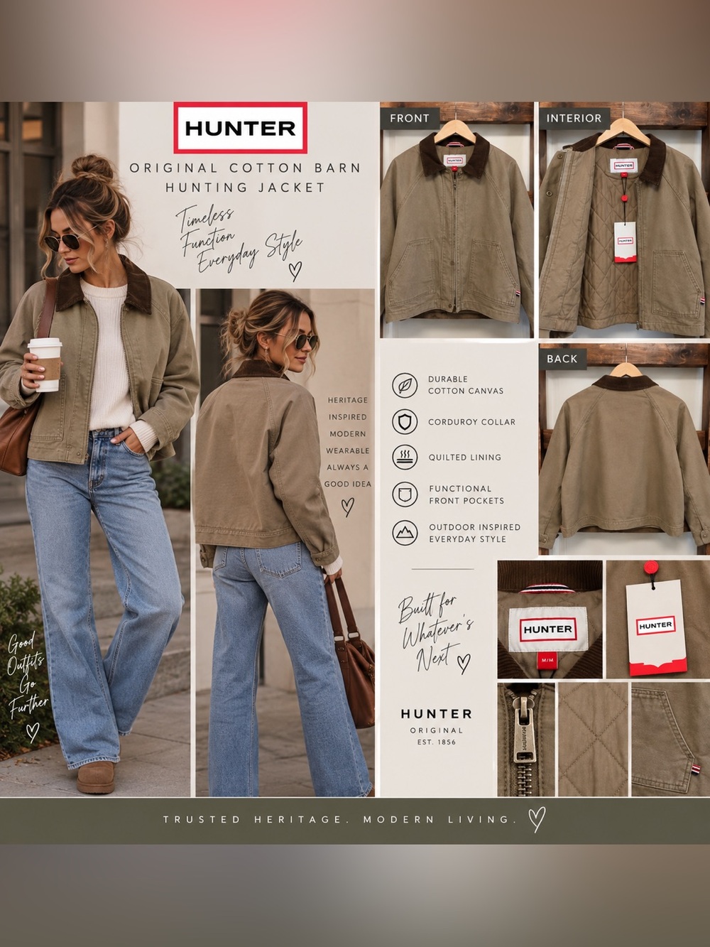 Hunter Original Cotton Barn Hunting Jacket Tanile Tan Corduroy Collar - M
